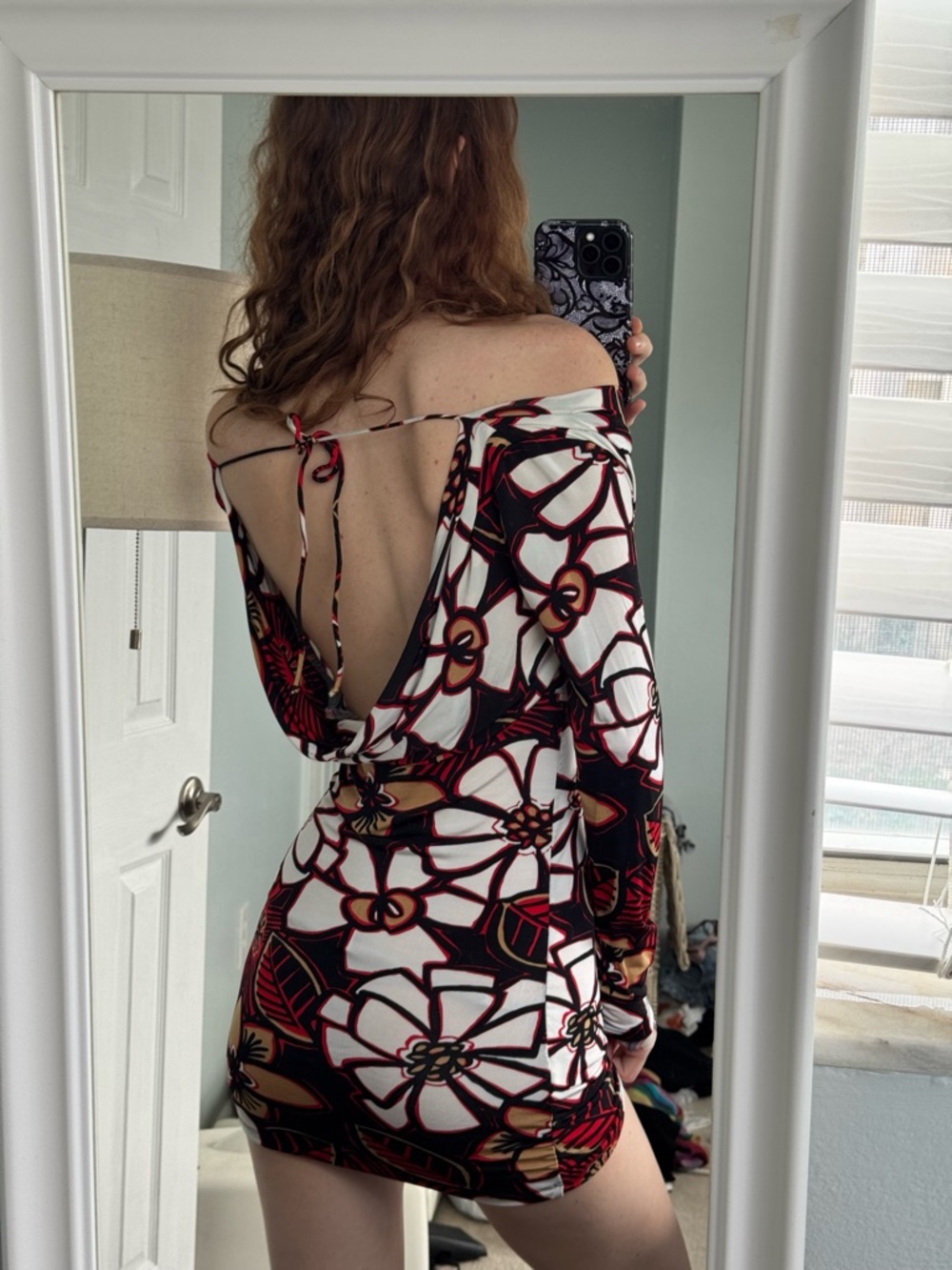 Cache Black, White & Red Floral Backless Mini Dress